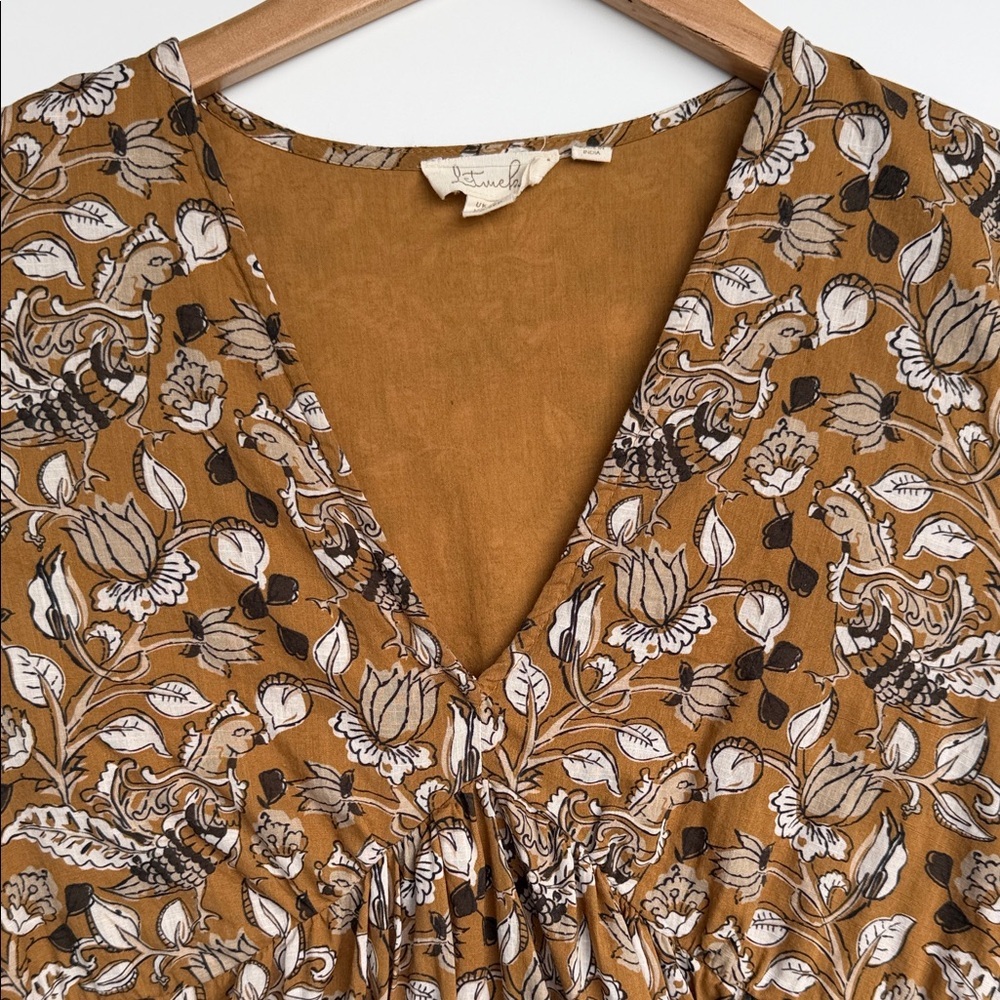 Anthropologie Floral Tiered Cottagecore Boho Dress Petite 6P Mustard Botanical - Picture 7 of 16